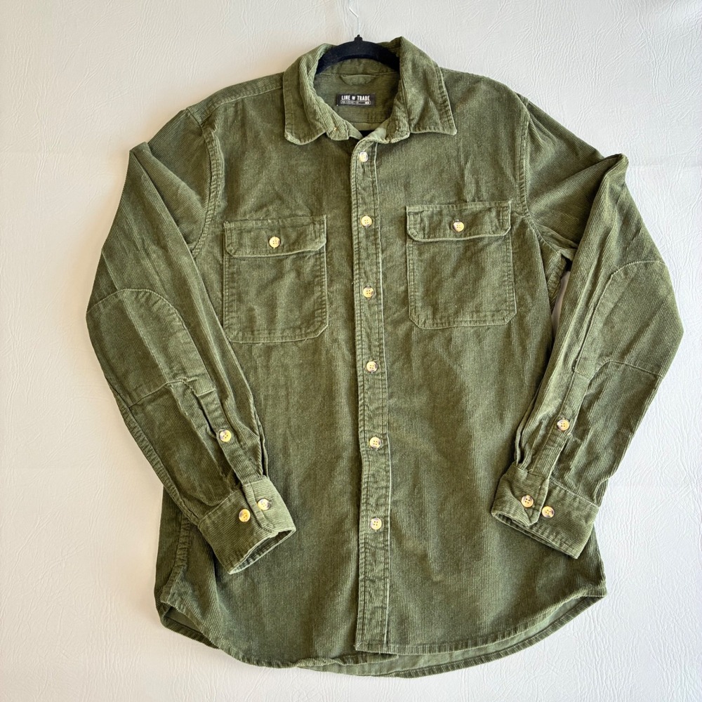 Line of Trade Mens Medium Olive Green Corduroy Workwear Shirt Elbow Patch Heavy